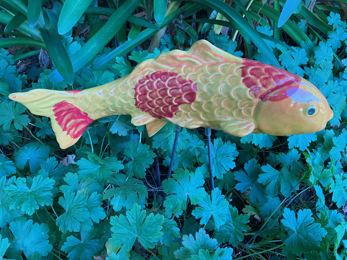 Koi Fish - Mandarin, Ceramic Garden Sculpture by JJ Potts – GardenArt.com